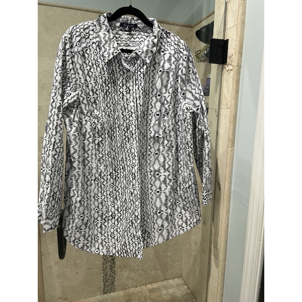 Roaman's Women Black White Geometric Print Button Down Shirt 24W 30-0114-6
